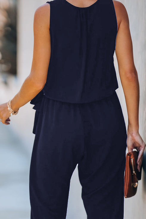 Deep V-Neck Sleeveless Solid Jumpsuit
